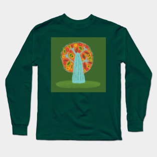 Colorful blue and orange tree on green backdrop in kid's drawing style Long Sleeve T-Shirt